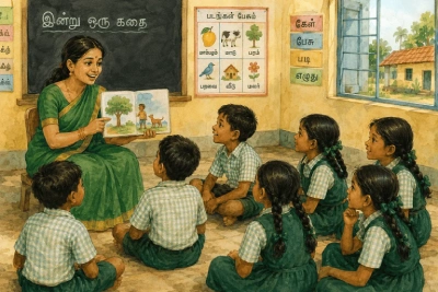 A teacher reads a story aloud to a group of seated children